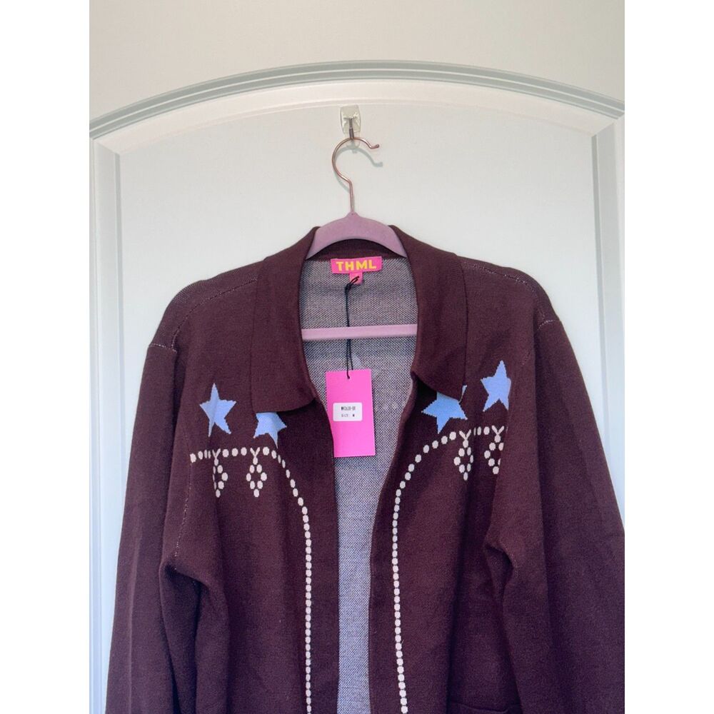 NWT THML Open Front Cardigan Sweater Brown Blue Stars Size Medium - Picture 2 of 7